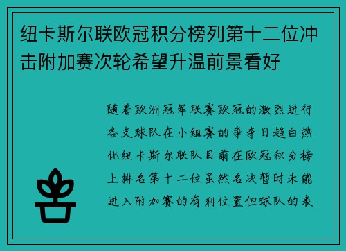 纽卡斯尔联欧冠积分榜列第十二位冲击附加赛次轮希望升温前景看好 纽卡斯尔联欧冠积分榜列第十二位冲击附加赛次轮希望升温前景看好